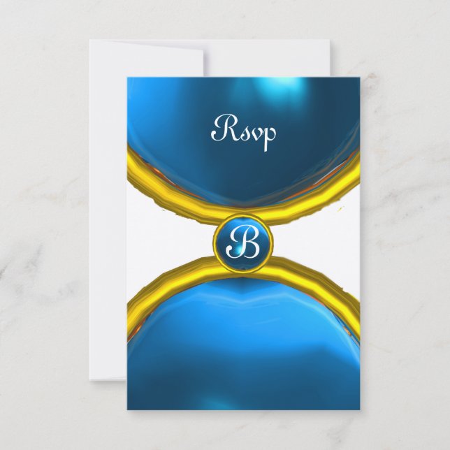 MAGIC RINGS ,MONOGRAM rsvp gem blue gold Invitation (Front)