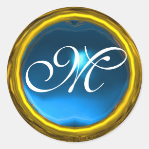 MAGIC SAPPHIRE MONOGRAM bright vibrant yellow blue Classic Round Sticker