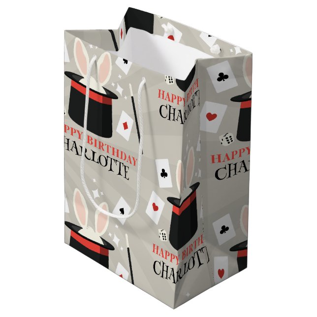 Magic Show Magician Kids Birthday Custom Name Medium Gift Bag (Front Angled)