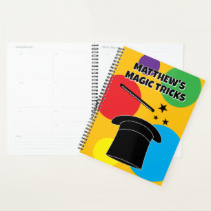 Magic show planner with magician wand and top hat