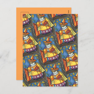 MAGIC SPELLS AND HALLOWEEN HOOTS, OWL WIZARD HOLIDAY POSTCARD