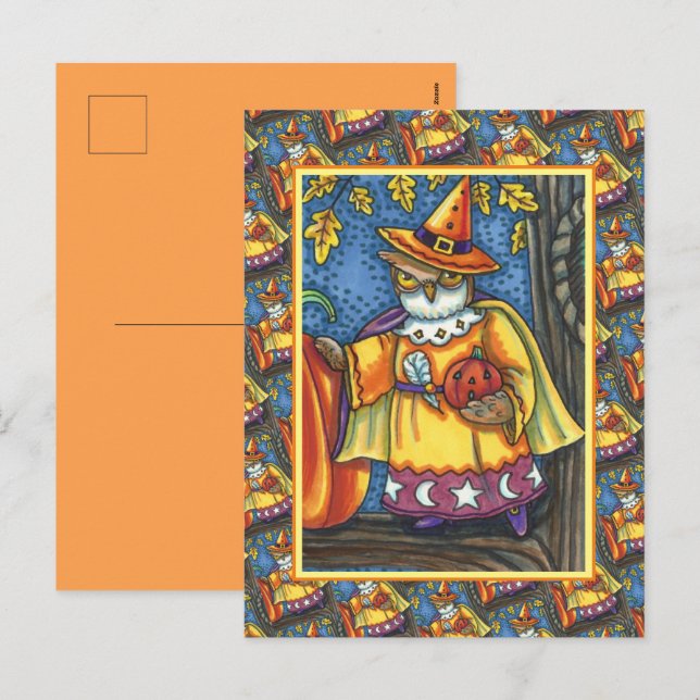 MAGIC SPELLS AND HALLOWEEN HOOTS, OWL WIZARD HOLIDAY POSTCARD (Front/Back)