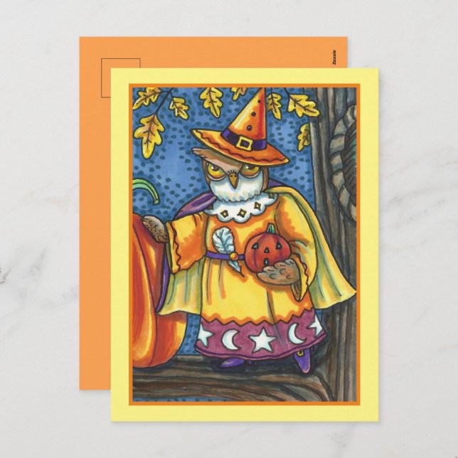 MAGIC SPELLS AND HALLOWEEN HOOTS, OWL WIZARD HOLIDAY POSTCARD (Front/Back)