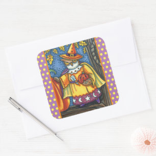 MAGIC SPELLS AND HALLOWEEN HOOTS, OWL WIZARD SQUARE STICKER