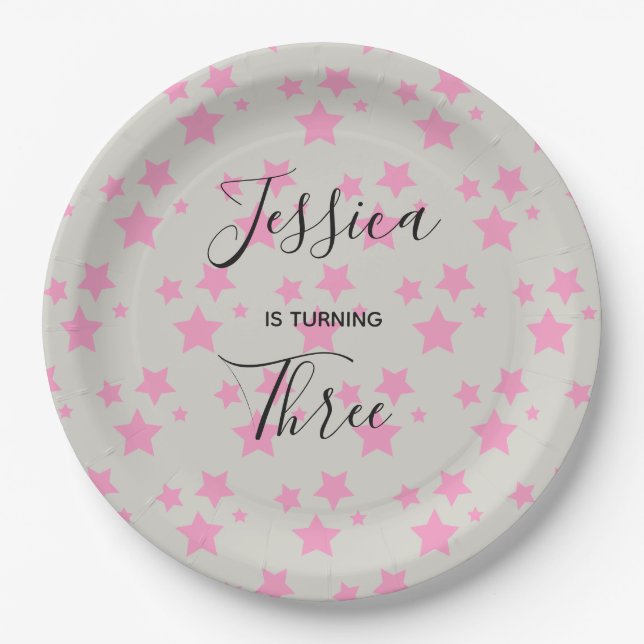 Magic Star birthday Grey Pink Paper Plate (Front)