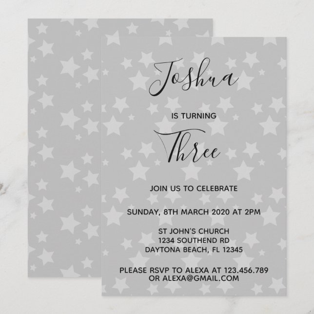Magic Star birthday invitation Grey (Front/Back)