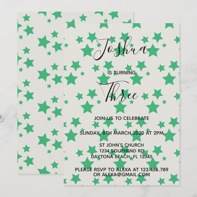 Magic Star birthday invitation Grey Green (Front/Back)