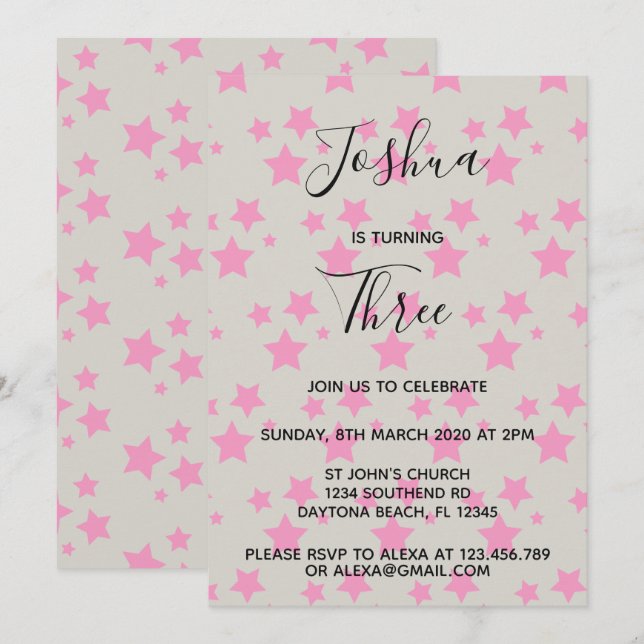Magic Star birthday invitation Grey Pink (Front/Back)