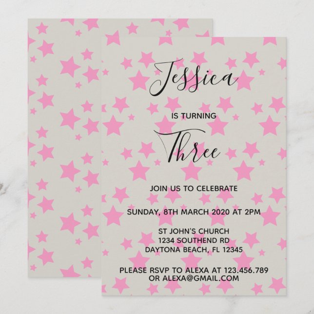 Magic Star birthday invitation Grey Pink (Front/Back)