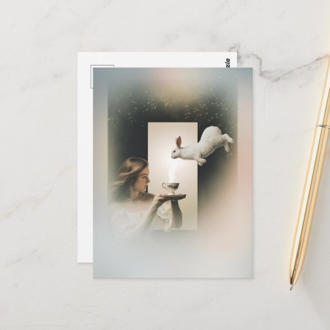 Magic Surreal Tea With the White Bunny Postcard (Front/Back In Situ)