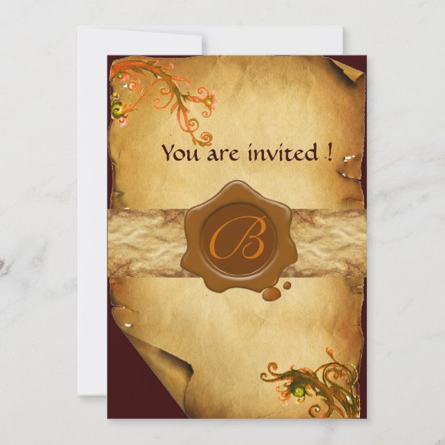 MAGIC SWIRLS PARCHMENT AND BROWN WAX SEAL MONOGRAM INVITATION (Front)