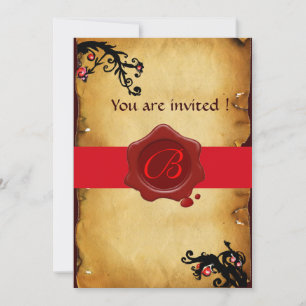 MAGIC SWIRLS PARCHMENT AND RED WAX SEAL MONOGRAM INVITATION