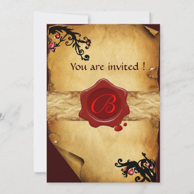 MAGIC SWIRLS PARCHMENT AND RED WAX SEAL MONOGRAM INVITATION (Front)