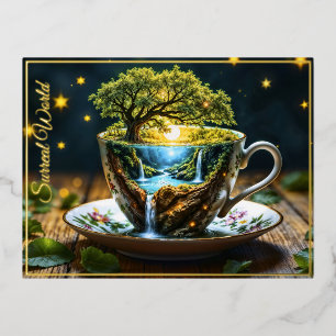 Magic teacup landscape fantastic nature foil holiday postcard
