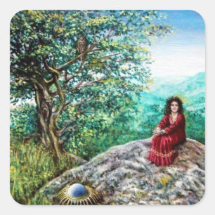 MAGIC TREE / Dawn In Green Wood and Lady in Red Square Sticker