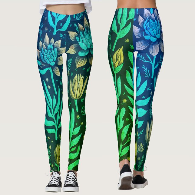 Magic Turquoise Garden Succulents Floral Pattern  Leggings (Creator Uploaded)