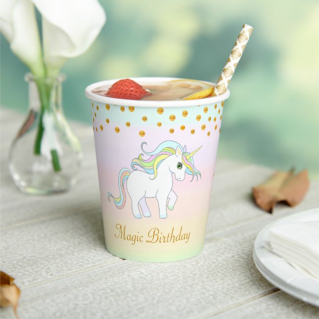 Magic Unicorn and Gold Confetti on Pastel Colours Paper Cups (Insitu)