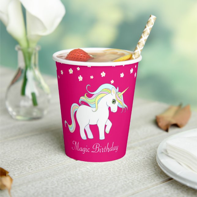 Magic Unicorn and White Flowers on Magenta Paper Cups (Insitu)