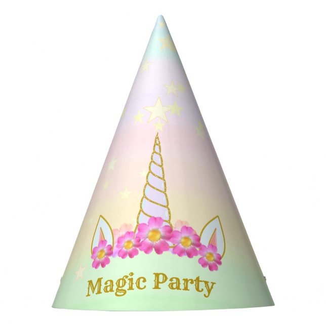 Magic Unicorn, Flowers & Stars Party Hat (Front)