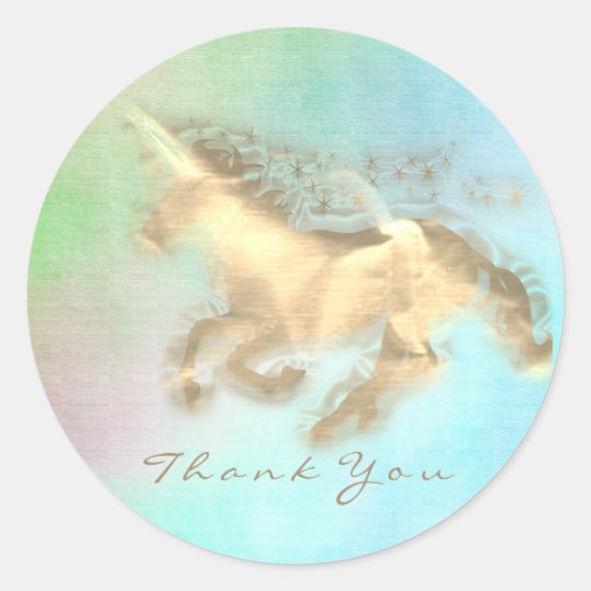 Magic Unicorn Gold Stars Thank You Mint Blue Ombre Classic Round Sticker