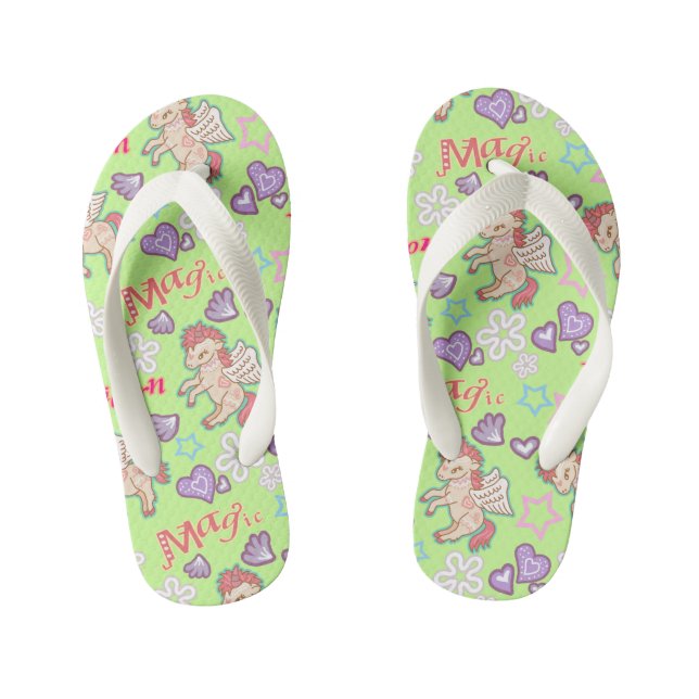 Magic Unicorn Green. Kid's Flip Flops (Footbed)