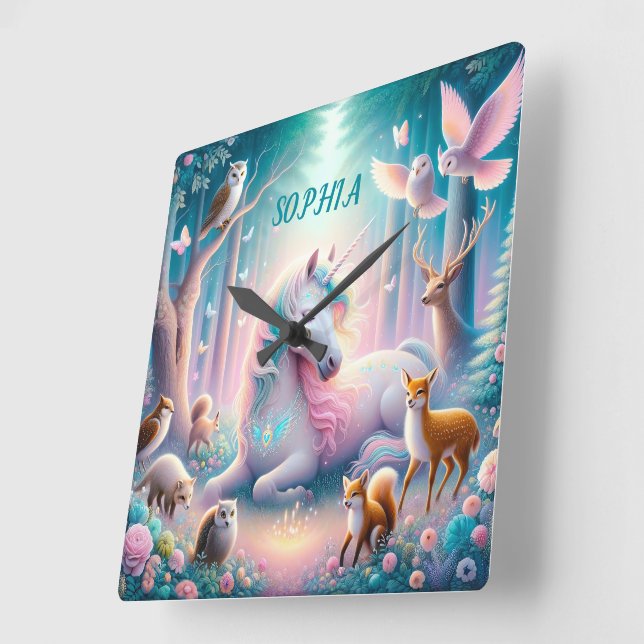 Magic Unicorn, Nursery Baby/ Kids Custom Name Square Wall Clock (Angle)