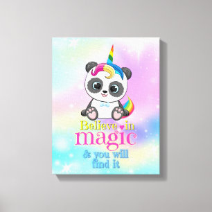 Magic unicorn panda on rainbow background canvas print