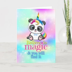 Magic unicorn panda on rainbow background holiday card