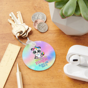 Magic unicorn panda on rainbow background key ring