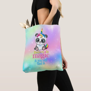 Magic unicorn panda on rainbow background tote bag