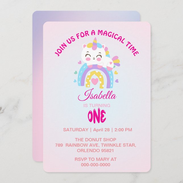 Magic Unicorn rainbow gradient 1st birthday party Invitation (Front/Back)