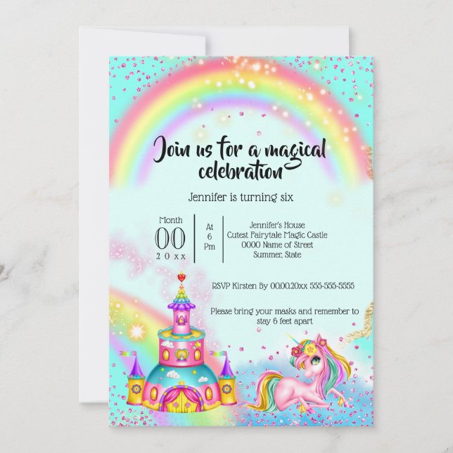 Magic unicorn rainbow sky glitter castle fantasy invitation (Front)