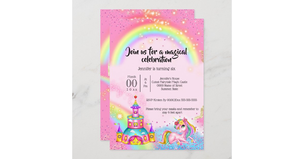 Magic unicorn rainbow sky glitter castle mythical invitation Zazzle