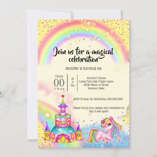 Magic unicorn rainbow sky shiny castle glitter invitation (Front)