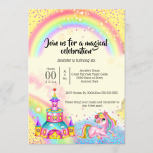 Magic unicorn rainbow sky shiny castle glitter invitation