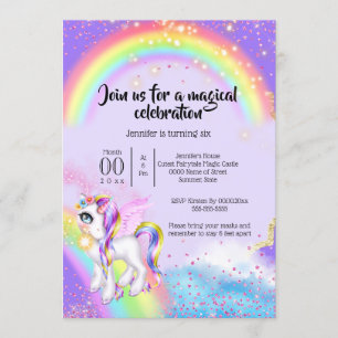 Magic unicorn rainbow sky shiny fairy dust invitation