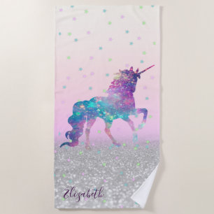 Magic Unicorn, Stars,Silver Glitter Bokeh Beach Towel