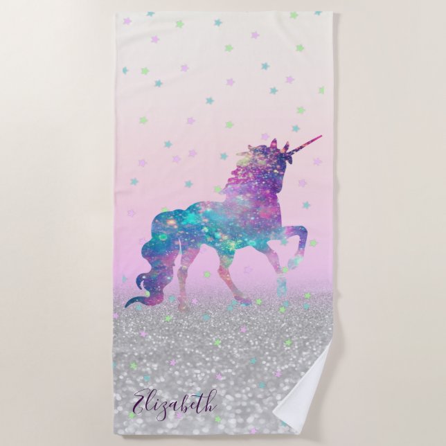Magic Unicorn, Stars,Silver Glitter Bokeh Beach Towel (Front)