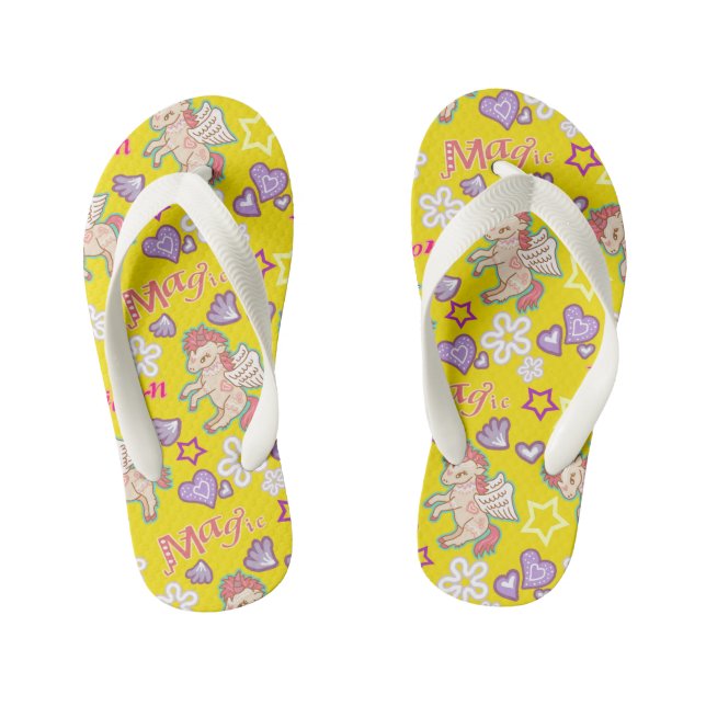 Magic Unicorn Yellow. Kid's Flip Flops (Footbed)