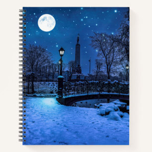 Magic winter night with starry sky and full moon notebook