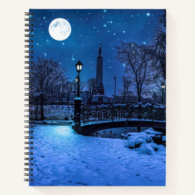 Magic winter night with starry sky and full moon notebook (Front)