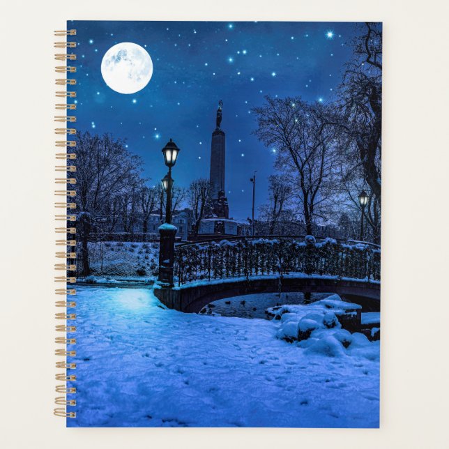 Magic winter night with starry sky and full moon planner (Front)