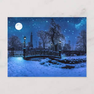 Magic winter night with starry sky and full moon postcard