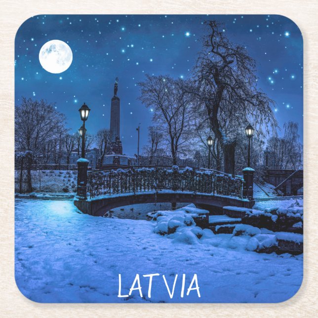 Magic winter night with starry sky and moon square paper coaster (Front)