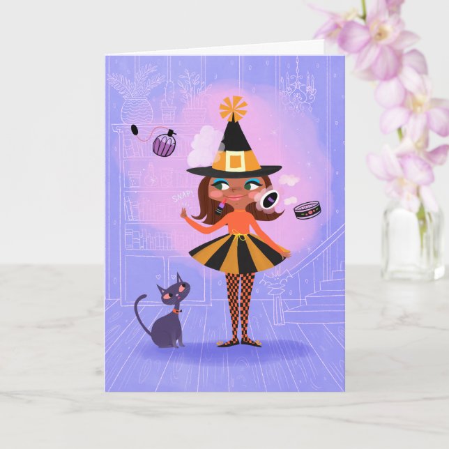Magic Witch Brown Hair Birthday Card (Orchid)