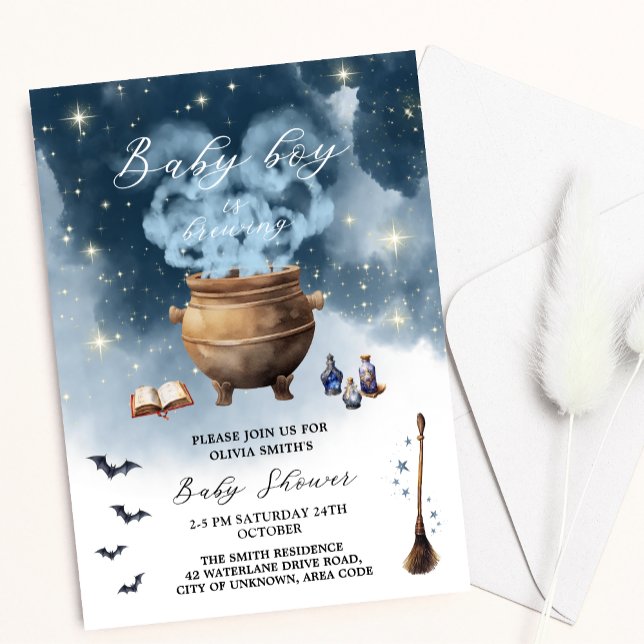 Magic Witch Cauldron Baby Boy Brewing Baby Shower Invitation (Creator Uploaded)