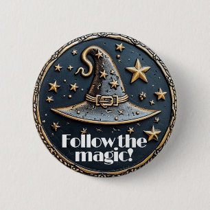 Magic witch pin pointy hat and stars in blue gold
