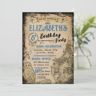 Magic Wizard Witch Blue Birthday Party Invitation