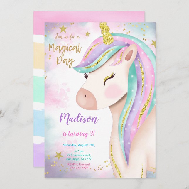 Magical 3rd Unicorn Birthday Invitation (Front/Back)