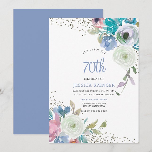 Magical 70th Birthday Party Mint Blue Flowers Invitation (Front/Back)